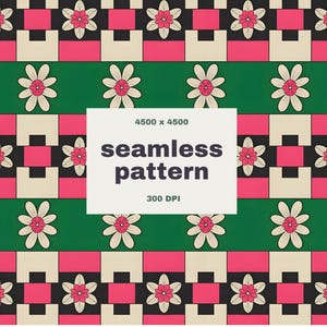 May include: A seamless pattern with a repeating floral and geometric design. The pattern includes white flowers with pink centres, pink squares, black squares, and a green horizontal stripe. The text "seamless pattern" is displayed in a white rectangle.