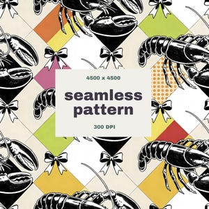 Op de afbeelding: Naadloos patroon met zwart-witte kreeftenillustraties, strikken en geometrische vormen in een kleurrijk, geblokt ontwerp. De tekst "seamless pattern" is inbegrepen. Het patroon is 4500 x 4500 pixels bij 300 DPI.