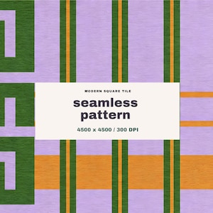 May include: A seamless pattern design with a modern square tile aesthetic. The design features a repeating pattern of green and white geometric shapes, vertical green and orange stripes, and a lavender background. The text "seamless pattern" is displayed.