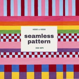 May include: A vibrant seamless pattern featuring a mix of stripes and checkered designs in a range of colours such as red, pink, blue, yellow, and purple. The text "seamless pattern" is displayed on a white rectangle.
