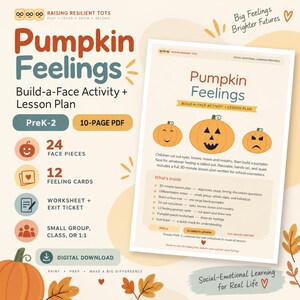 Può includere: Un set di attività in PDF digitale di 10 pagine intitolato Pumpkin Feelings, che include un piano di lezione per costruire un volto per la scuola dell'infanzia e primaria. Include 24 pezzi per il viso, 12 carte delle emozioni e una scheda.