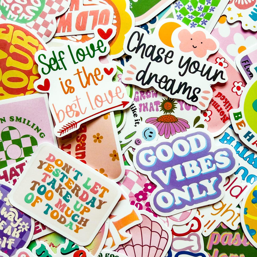 50 Random Groovy Vibe Stickers, Retro Quote Stickers, Positive Sunshine ...