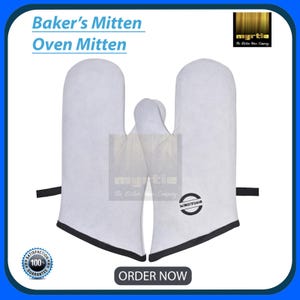 May include: White oven mitts with black trim. The text "Baker's Mitten Oven Mitten" is at the top. The mitts have a logo and the words "Order Now" at the bottom. The mitts are made of a thick material.