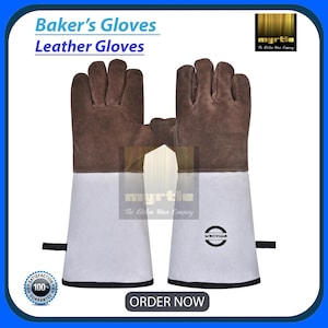 May include: A pair of brown leather Baker's Gloves with white cuffs. The gloves have the text "Baker's Gloves Leather Gloves" at the top. The brand name "myrtle The Kitchen Ware Company" is also visible.