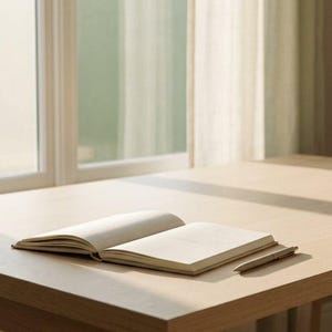 May include: An open notebook and a pencil rest on a light-colored wooden table. The table is positioned in front of a window with sheer curtains, creating a soft, natural light. The scene evokes a sense of calm and productivity.