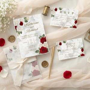 May include: Wedding invitation suite featuring floral designs with red and white roses. The suite includes an invitation, RSVP card, and details card. The invitation reads "Katherine and Richard" with wedding details. Gold pen, wax seals, and a small jewelry box are also present.