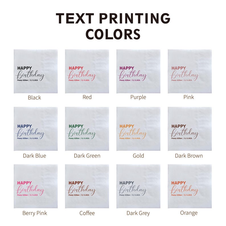 Puede incluir: Una cuadr&iacute;cula de servilletas blancas con "HAPPY Birthday" impreso en varios colores, incluyendo negro, rojo, morado, rosa, azul oscuro, verde oscuro, dorado, marr&oacute;n oscuro, rosa baya, caf&eacute;, gris oscuro y naranja. El texto "TEXT PRINTING COLORS" est&aacute; en la parte superior.