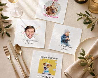 Servilletas personalizadas con foto: Servilletas de cóctel personalizadas para cumpleaños con texto y edad.
