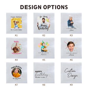 Puede incluir: Nueve cuadrados blancos con varios dise&ntilde;os tem&aacute;ticos de cumplea&ntilde;os. Los dise&ntilde;os incluyen fotos de un perro, un hombre, un ni&ntilde;o y una mujer, junto con texto como "Happy Birthday" y "Custom Design".
