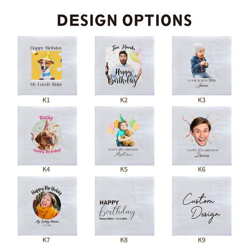 Puede incluir: Nueve cuadrados blancos con varios dise&ntilde;os tem&aacute;ticos de cumplea&ntilde;os. Los dise&ntilde;os incluyen fotos de un perro, un hombre, un ni&ntilde;o y una mujer, junto con texto como "Happy Birthday" y "Custom Design".