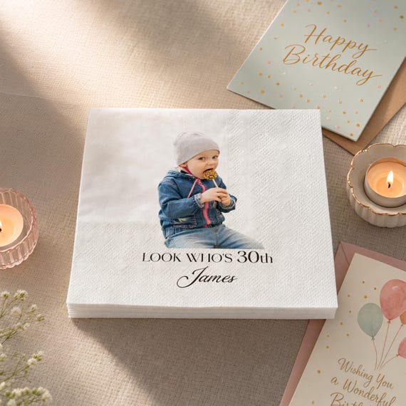 Custom Photo Birthday Napkins, Personalized Text & Age Party Decor