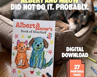 El libro de travesuras de Albert y Meow, libro para colorear infantil imprimible, descarga en PDF de actividades