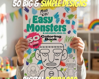 Libro para colorear de monstruos fáciles: PDF imprimible para niños con 50 páginas de monstruos grandes y sencillos.