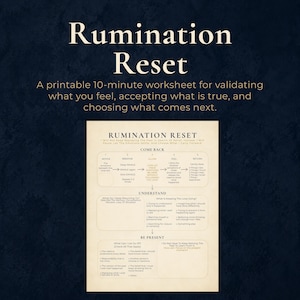 May include: A printable worksheet titled Rumination Reset with a dark blue background and cream-colored paper. The document features sections labeled Come Back, Understand, and Be Present, with text prompts for mindfulness and emotional processing.