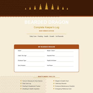 Op de afbeelding: Een beige en bruin Bearded Dragon Complete Keeper's Log. Het logboek bevat secties voor dagelijkse verzorging, voeding, gezondheid en dierenartsgegevens. Het bevat een sectie om informatie over de draak vast te leggen.