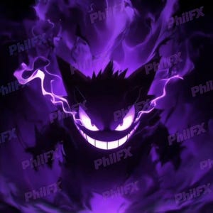May include: A digital illustration of a purple, shadowy creature with pointed ears, glowing white eyes, and a wide, toothy grin. The figure is surrounded by swirling purple smoke and lightning-like energy, with the text PhilFX repeated throughout.