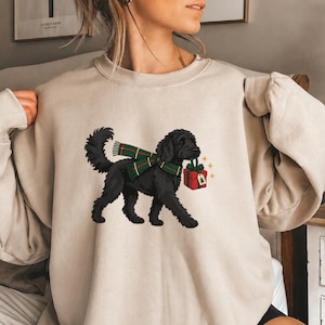 May include: A beige crewneck sweatshirt featuring a graphic of a black dog wearing a green and red tartan scarf. The dog is carrying a red gift box with a green ribbon and a small tag with a tree icon in its mouth, accented by yellow sparkles.