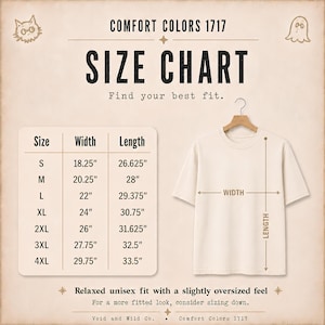 May include: A Comfort Colors 1717 size chart for a t-shirt, featuring a table with sizes S through 4XL and their corresponding width and length measurements in inches. A beige t-shirt on a hanger is shown with arrows indicating width and length.