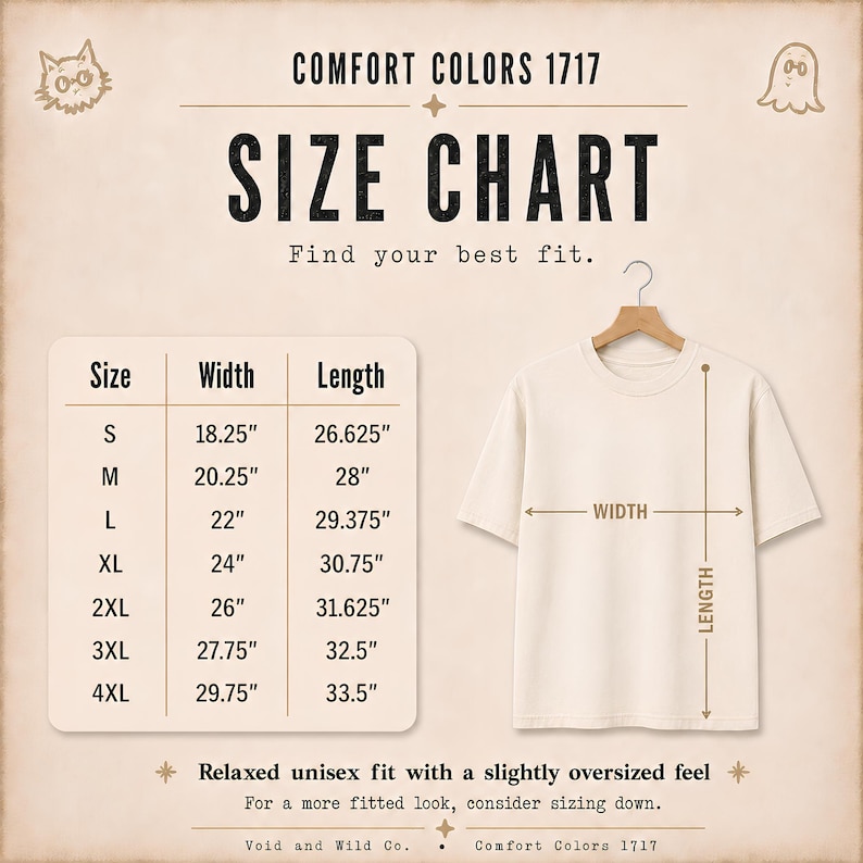 May include: A Comfort Colors 1717 size chart for a t-shirt, featuring a table with sizes S through 4XL and their corresponding width and length measurements in inches. A beige t-shirt on a hanger is shown with arrows indicating width and length.