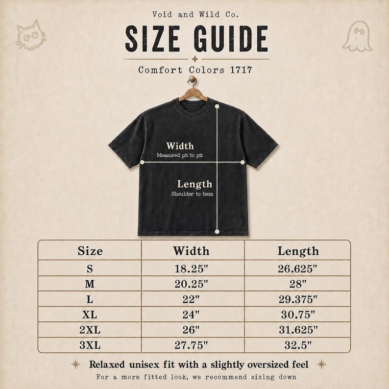 May include: A size guide chart for a Comfort Colors 1717 t-shirt by Void and Wild Co. The graphic displays a black t-shirt on a hanger with width and length measurement lines. A table lists sizes S through 3XL with corresponding measurements in inches.