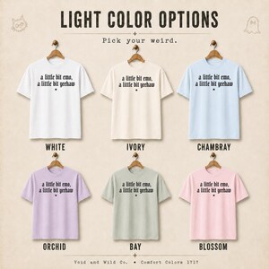 May include: Six short-sleeve t-shirts in white, ivory, chambray, orchid, bay, and blossom colors. Each shirt features the black text 'a little bit emo, a little bit yeehaw' with a small star below. The shirts are displayed on wooden hangers.