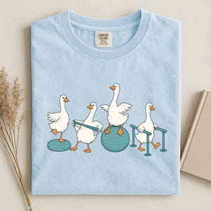 May include: A light blue crew neck t-shirt featuring a graphic print of four white geese exercising with fitness equipment. The geese are shown using a balance disc, a resistance band, an exercise ball, and parallel bars. The shirt has a Comfort Colors label.