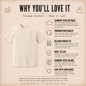 May include: A plain, light beige short-sleeved t-shirt displayed next to a list of product features titled WHY YOU'LL LOVE IT. The text details garment-dyed softness, premium print quality, relaxed fit, 6.1 oz fabric, and durable construction.