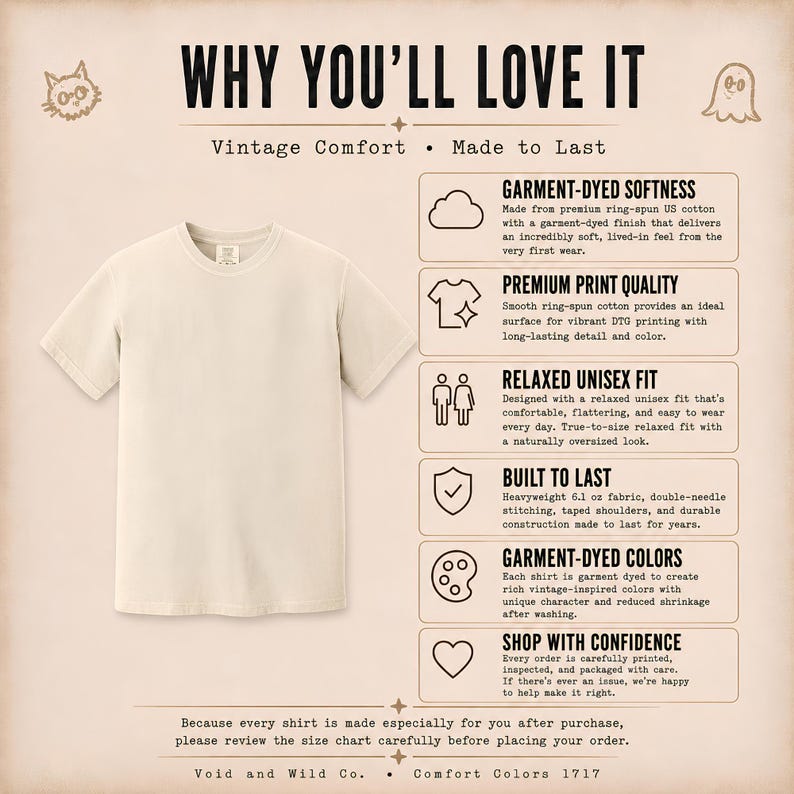 May include: A plain, light beige short-sleeved t-shirt displayed next to a list of product features titled WHY YOU'LL LOVE IT. The text details garment-dyed softness, premium print quality, relaxed fit, 6.1 oz fabric, and durable construction.