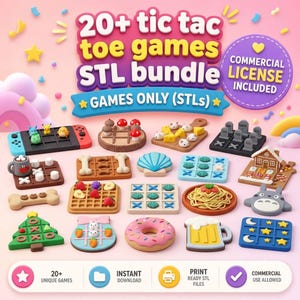 Pode incluir: Um pacote digital de mais de 20 jogos de jogo da velha em formato STL. A imagem mostra vários tabuleiros e peças de jogo 3D com temas como cogumelos, queijo, ossos, waffles, conchas, casas de gengibre, donuts e canecas de cerveja.