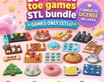 May include: A digital bundle of 20+ tic tac toe games in STL format. The image displays various 3D game boards and pieces including themes like mushrooms, cheese, bones, waffles, shells, gingerbread houses, donuts, and beer mugs on a pink background.