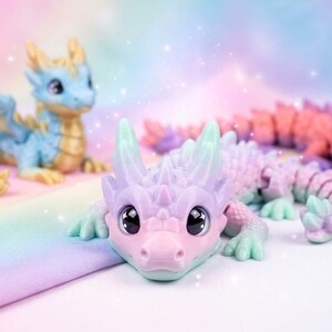 May include: Three colorful dragon figurines in pastel shades of blue, pink, and purple. The dragons have detailed scales, wings, and horns. The background is a soft blend of pastel colors, creating a whimsical and fantasy-themed scene.