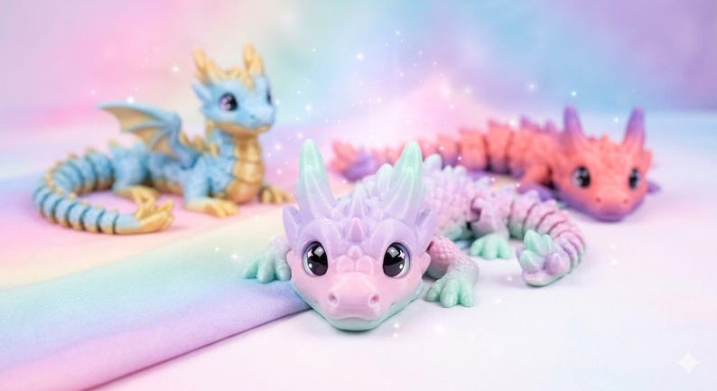 May include: Three colorful dragon figurines in pastel shades of blue, pink, and purple. The dragons have detailed scales, wings, and horns. The background is a soft blend of pastel colors, creating a whimsical and fantasy-themed scene.