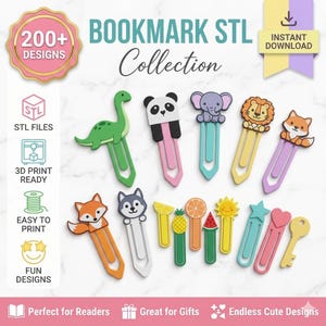 Pode incluir: Uma coleção de marcadores coloridos impressos em 3D com vários designs, incluindo animais, frutas e formas. A imagem apresenta o texto "BOOKMARK STL Collection" e "200+ DESIGNS". Os marcadores são fáceis de imprimir e perfeitos para leitores.