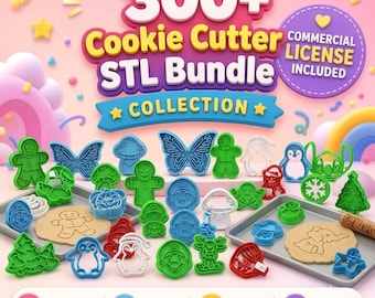 May include: A digital collection of 300+ cookie cutter STL files featuring various shapes like gingerbread people, butterflies, mushrooms, penguins, and characters. The image displays colorful plastic cutters and dough impressions on baking sheets.