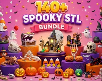 May include: A digital collection titled 140+ SPOOKY STL BUNDLE featuring various 3D printable Halloween-themed models including ghosts, pumpkins, articulated dragons, skeletons, a haunted house, witch hats, and candy corn figures on pedestals.