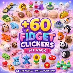 May include: A digital collection of 60 fidget clicker 3D models featuring various characters, animals, food items, and plants. The image displays colorful, small, stylized figures including a lion, turtle, owl, fox, panda, and alien, with text reading +60 FIDGET CLICKERS STL PACK.
