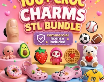 May include: A digital bundle of 100+ croc charms in STL format featuring various designs like a thumb, octopus, avocado, strawberry, skull, waffle, teddy bear, and sports balls. Includes two pink clogs decorated with these charms and a yellow jersey.