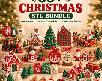 May include: A digital collection of 65+ Christmas STL files featuring 3D printable ornaments, advent calendars, and miniature houses. The display includes a toy train, gingerbread houses, Christmas trees, reindeer, Santa, and various holiday-themed decorations in red, green, and white.