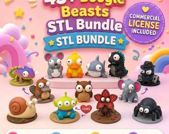 May include: A digital collection of 45+ Boogle Beasts STL files featuring various cartoon-style animal figurines including a snail, chameleon, platypus, alien, owl, flower creature, elephant, spider, mouse, duck, shark, monster, and a detective figure.