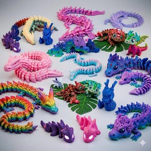May include: A collection of colorful, articulated dragon figurines in various sizes and poses. Dragons are in shades of pink, purple, blue, green, and rainbow hues. Some dragons are coiled, while others stand or crawl. The background is a light, neutral color.