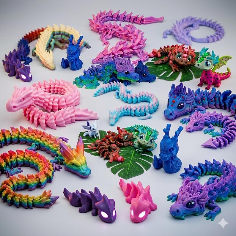 May include: A collection of colorful, articulated dragon figurines in various sizes and poses. Dragons are in shades of pink, purple, blue, green, and rainbow hues. Some dragons are coiled, while others stand or crawl. The background is a light, neutral color.