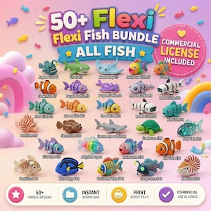 50+ Articulated Fish STL Bundle | Flexi Fish Pack | Print in Place Ocean Animals | Shark Stingray Axolotl Angler Fish | 3D Print Fidget Toys