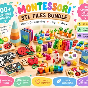 May include: A collection of colourful 3D printable Montessori educational toys including a stacking cone, animal puzzles, a toy train, a rocket, and various geometric shapes. The image features text reading Montessori STL FILES BUNDLE.