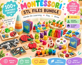 May include: A collection of colorful 3D printable Montessori educational toys including a stacking cone, animal puzzles, a toy train, a rocket, and various geometric shapes. The image features text reading Montessori STL FILES BUNDLE.