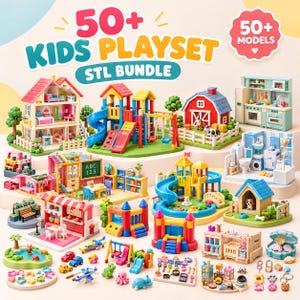 May include: A digital collection of 50+ kids playset STL models featuring miniature dollhouses, playgrounds, a farm with animals, a kitchen, a bathroom, a school classroom, a dog house, bouncy castles, vehicles, and various small accessories.