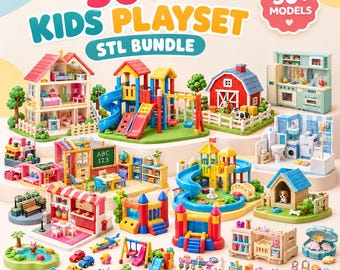 May include: A digital collection of 50+ kids playset STL models featuring miniature dollhouses, playgrounds, a farm with animals, a kitchen, a bathroom, a school classroom, a dog house, bouncy castles, vehicles, and various small accessories.