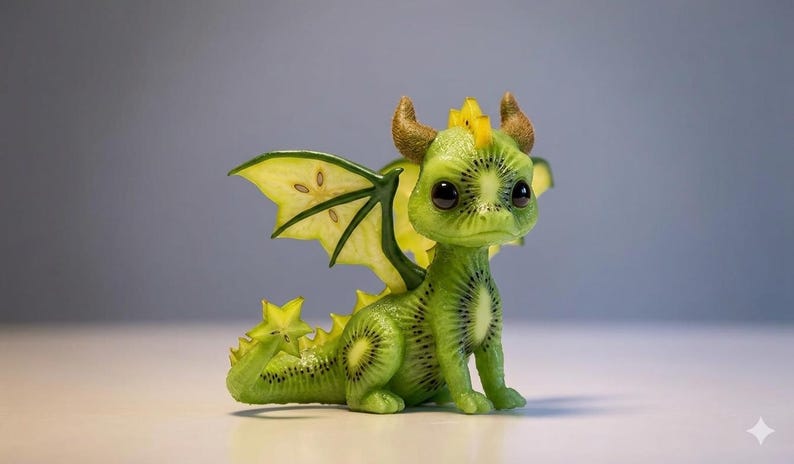 May include: A whimsical green dragon figurine crafted to resemble a kiwi fruit. The dragon features kiwi-slice wings, a yellow crest, and brown horns. Its body is detailed with kiwi fruit patterns, creating a unique and playful decorative item.