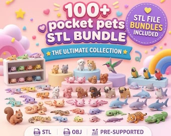 Könnte beinhalten: Eine digitale Sammlung von über 100 STL-Dateien für Pocket-Pets, die verschiedene 3D-druckbare Tierfiguren wie Axolotl, Hunde, Katzen, Haie, Eidechsen und Vögel enthält. Das Bild zeigt zahlreiche bunte Miniatur-Tiermodelle.