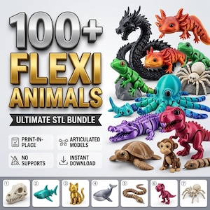 Può includere: Una collezione di animali Flexi stampati in 3D, colorati e articolati. L'immagine presenta una varietà di creature, tra cui un drago, un axolotl, un polpo, un coccodrillo e un dinosauro. Il testo recita "100+ Flexi Animals Ultimate STL Bundle."