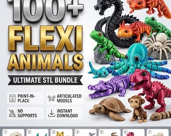 May include: A collection of colorful, articulated 3D-printed Flexi Animals. The image features a variety of creatures, including a dragon, axolotl, octopus, crocodile, and dinosaur. The text reads "100+ Flexi Animals Ultimate STL Bundle."